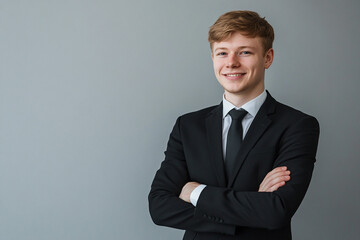 Smiling young businessman in black suit and tie with arms crossed looking aside on gray background--achievement, career success, wealth concepts with mockup copy space