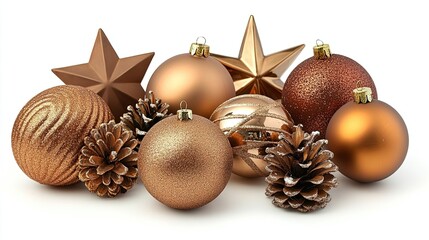 A collection of gold and bronze Christmas ornaments and stars with glitter and matte finishes, isolated on white, perfect for festive holiday decorations.