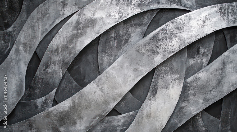 Poster abstract design featuring intertwining metallic shapes in shades of gray.