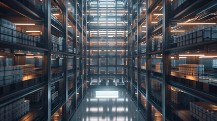 An interior shot of a futuristic urban warehouse shows vertical storage racks served by robotic pickers, efficiently retrieving items for rapid shipment to customers.