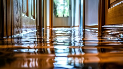 Flooded Hallway After Heavy Rain: Home Interior, Water Damage Restoration, Disaster Response, and Property Repair Concepts