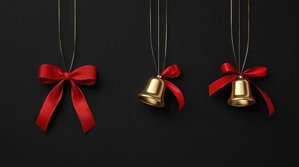 Small golden bells tied with bright red bows, set for holiday decorations with festive sparkle imagine minimalist vector art
