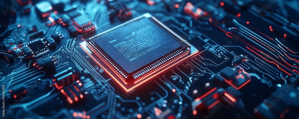 Poster cpu processing data on motherboard with futuristic red and blue lighting
