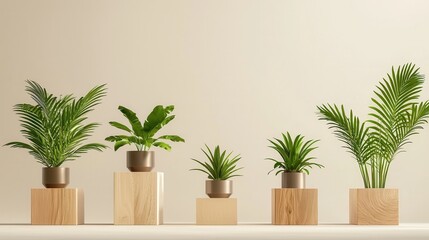 Fototapeta premium Wooden podiums adorned with lush green palm plants arranged in a row, perfect for showcasing products imagine minimalist vector art, geometric shapes