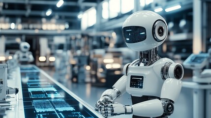 Smart modern robot working with digital display in innovative factory