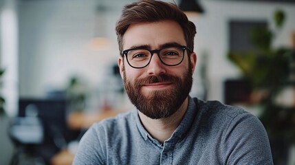 Obraz premium Portrait of smiling businessman wearing glasses in office setting