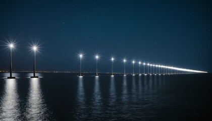 Shimmering light towers glow softly above the dark, boundless ocean