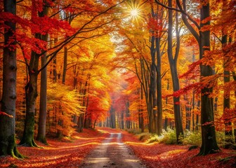 Fototapeta premium Autumn Forest Photography, Fall Woods Scenery, Herbst Wald Images, Golden Leaves, Woodland Path, Nature Background