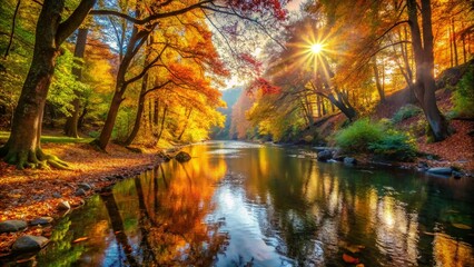 Obraz premium Autumn Forest River, Golden Fall Landscape, River in Autumn Woods, Fall Foliage Reflection, Colorful Autumn Scenery