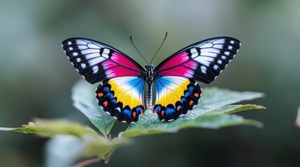 Fototapeta premium Colorful butterfly perched on a green leaf.