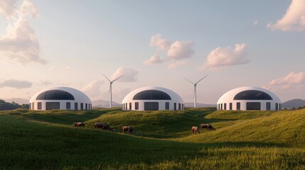 A serene landscape featuring futuristic dome-shaped homes, wind turbines, and grazing cows, nestled in lush green hills under a clear sky.