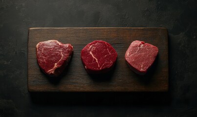 Naklejka na ściany i meble Raw Beef Cuts on Wooden Board with Dark Background Display