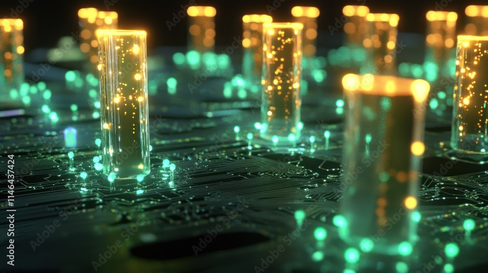 Aufkleber abstract digital landscape with glowing pillars and circuitry, representing technology and innovatio
