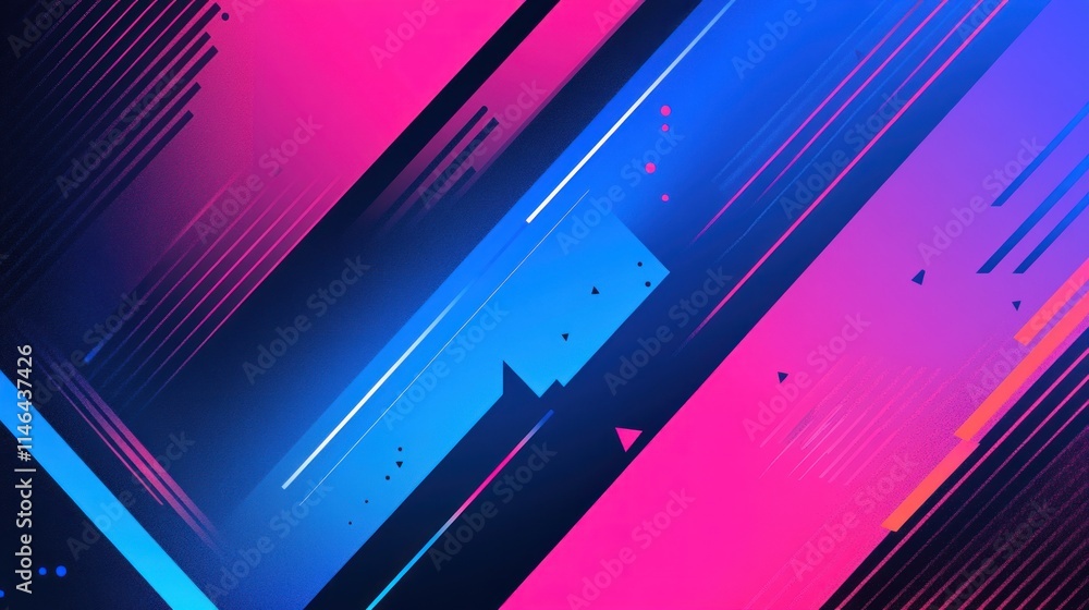 Poster abstract digital background with vibrant blue and pink diagonal lines and geometric shapes.
