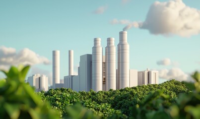 Obraz premium A modern industrial complex rises amidst lush greenery and soft clouds, showcasing a blend of nature and technology.