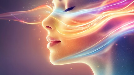 Woman's face profile with vibrant, glowing, colorful energy streams.
