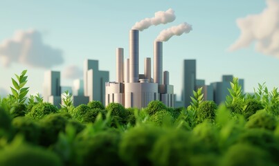 A factory emits smoke amidst a lush green landscape, symbolizing the contrast between industrialization and nature.