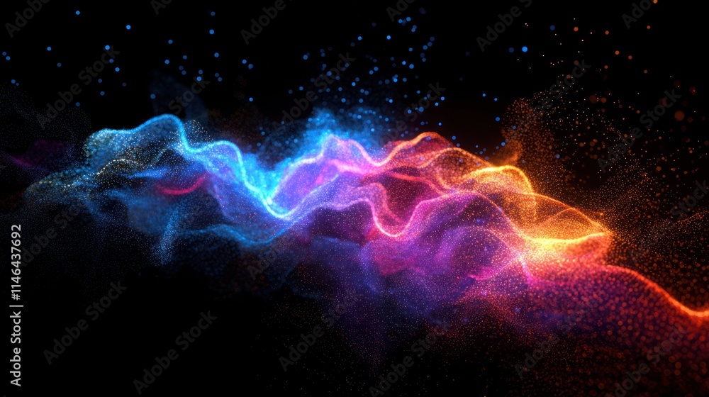 Poster Abstract digital waves of colorful particles on a black background.