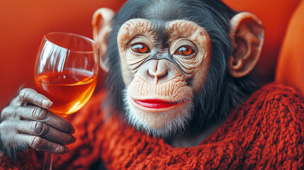 Chimpanzee Holding a Wine Glass Dressed in a Red Sweater