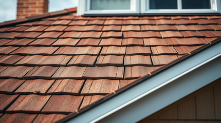 Fototapeta premium Close-up view of a brown wood shake roof on a house. The shingles are overlapping, showing texture and grain. A portion of a white window and house siding is visible.