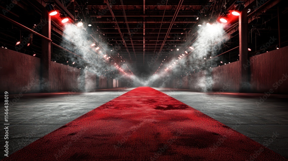 Poster a dramatic runway lit with red lights and fog, creating an atmospheric setting for a fashion show or