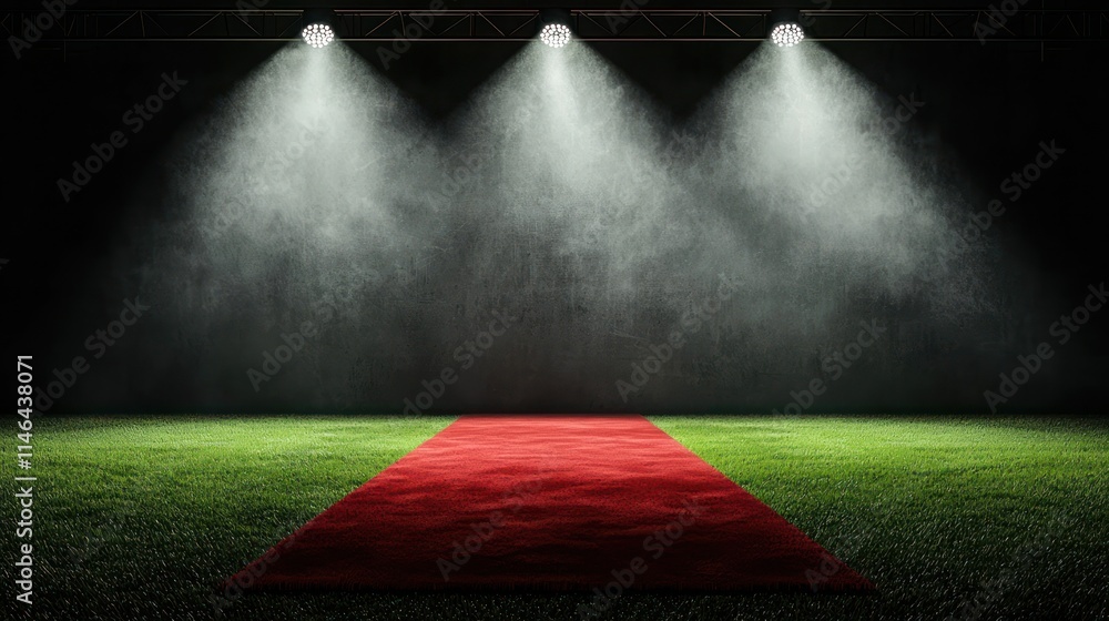 Poster a dramatic scene featuring a red carpet illuminated by spotlights, creating a glamorous and inviting