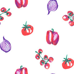 Red and purple vegetables wax crayons seamless pattern on white isolated background. Textural and food repeating pattern. Design for textiles, wrapping paper and wallpaper.