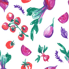 Red and purple vegetables wax crayons seamless pattern on white isolated background. Textural and food repeating pattern. Design for textiles, wrapping paper and wallpaper.