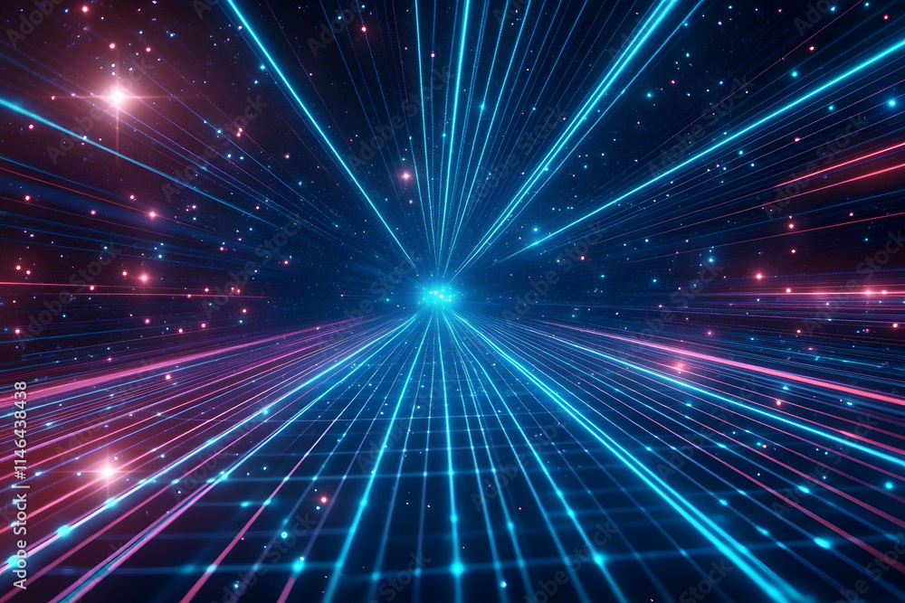 Canvas Prints retro 80s video game background with grid of blue light streaking in space