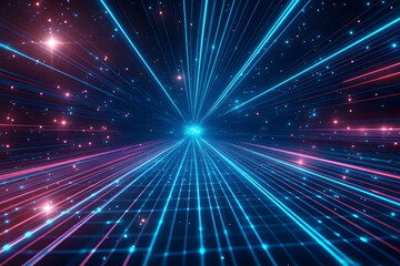 Retro 80s video game background with grid of blue light streaking in space