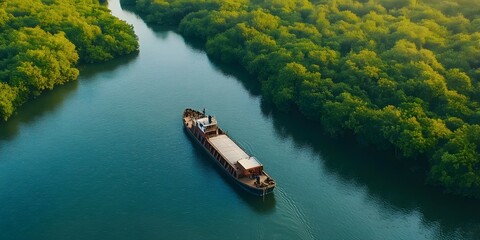 Aerial view of a boat navigating through a lush green mangrove environment.