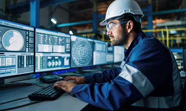 An industrial machinery engineer monitoring AI generative dashboard showing predictive analytics and real-time business data