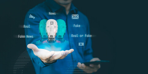 Fake News concept. Ai technology, Deepfake deep learning, deceptive stories, propaganda, lies, fabricated facts to control, manipulate opinion on internet and social media, person showing misleading