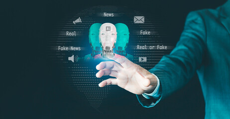 Fake News concept. Ai technology, Deepfake deep learning, deceptive stories, propaganda, lies, fabricated facts to control, manipulate opinion on internet and social media, person showing misleading