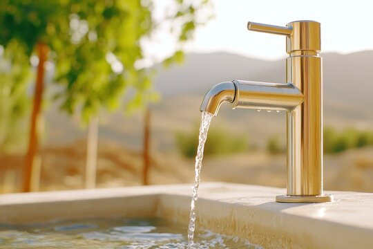 El agua fluye a trav&eacute;s de un grifo moderno en un entorno natural al atardecer
