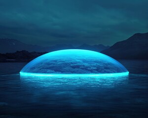 A glowing blue dome rises above a tranquil body of water, set against a dark, atmospheric landscape.