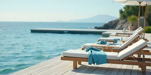 Fototapeta premium A wooden lounge chair with a blue towel on a pier overlooking a calm, blue ocean on a sunny day