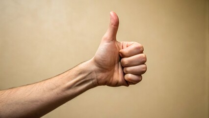 Hand making a thumbs up gesture against a neutral background showcasing a positive expression of approval or support. thumbs up sign
