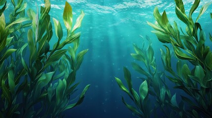 A serene underwater scene featuring lush green seaweed swaying gently in the sunlight that filters through the water's surface.