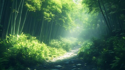 Obraz premium Photo of a path through a bamboo forest surrounded background