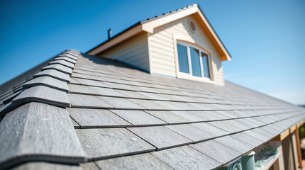 Obraz premium A grey composite shingle roof covering a light beige house with a dormer window. The image shows a low angle view of the roof and a portion of the house's exterior wall against a clear blue sky.