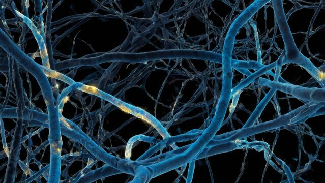 An artistic representation of quantum processes in microtubules inside neurons. The scene depicts microtubules interacting with quantum superposition states, processing multiple possible outcomes of a