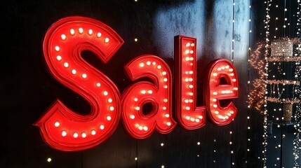 Vibrant illuminated sign announcing discounts in a festive boutique during evening hours. Generative AI