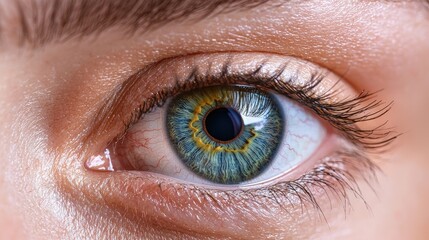 Obraz premium Close-up of a beautiful, healthy human eye with green-blue iris.