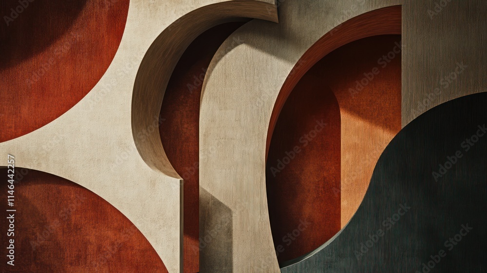 Poster abstract geometric shapes in warm tones create a textured, artistic composition.