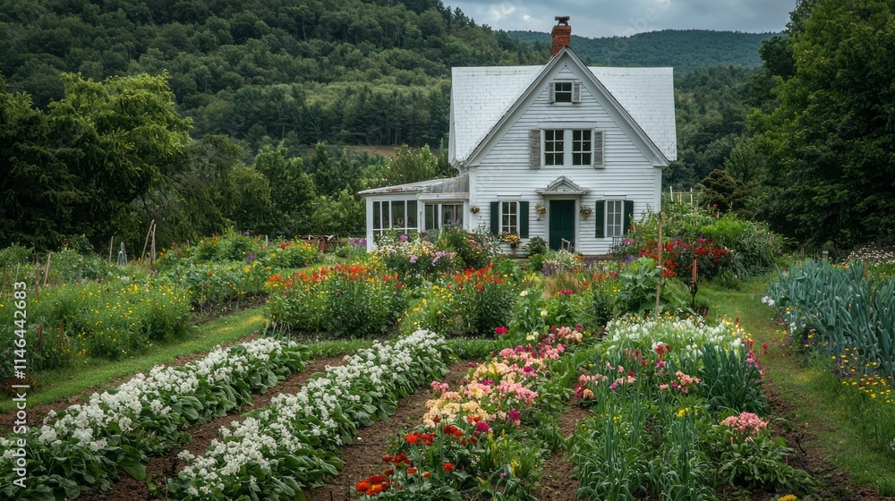 Poster a large white house with a large garden in front of it