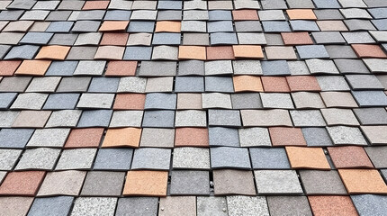 Close-up view of a roof surface composed of multicolored asphalt shingles.  The shingles are arranged in an overlapping pattern, exhibiting variations in shades of gray, brown, and orange.