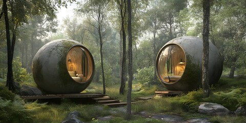 Two modern spherical cabins nestled in a lush forest, designed for eco-friendly living.