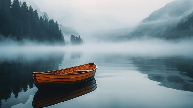 Calm morning at a misty lake with a wooden boat reflecting in still waters surrounded by mountains and trees