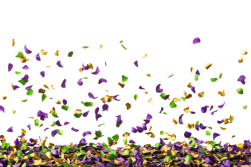 Purple, gold and green festive paper confettis overlay isolated on white or  transparent background. Mardi gras, carnival or birthday party overlay, happy new year celebration, png cut out
